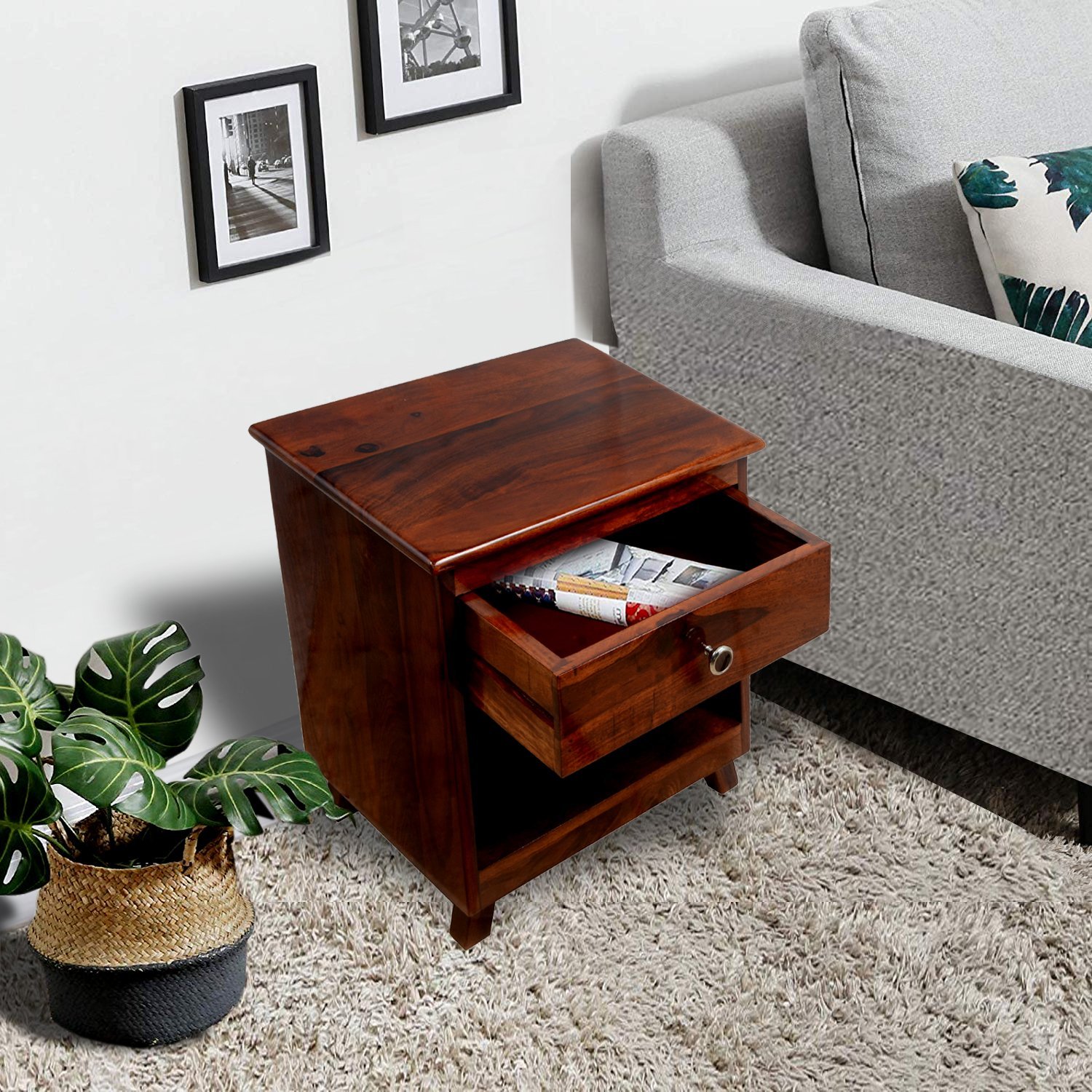 Solid Sheesham wood One drawer Night Stand End BesideTable for living and home